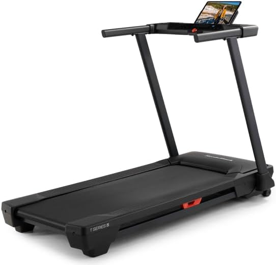 NordicTrack T5 treadmill shown with iPad interface showing iFIT software (iPad not included in sale)